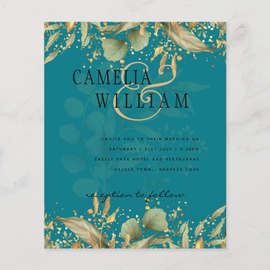 LeahG Groene zee glas turkoois gouden trouw uitnod (Voorkant)