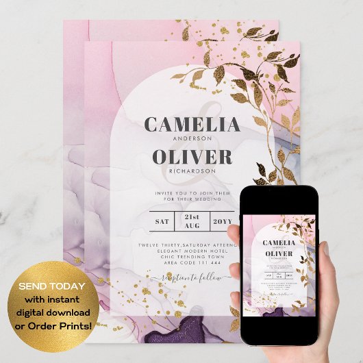 LeahG Ink Ombre Paars Pink Pink Gold Wedding Kaart