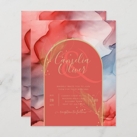 LeahG Koraal Navy Blauwe Gouden INK Trouw UITNODIG (Voorkant / Achterkant)