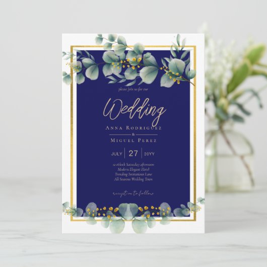 LeahG MARINEBLOUW GOUD Groene planten Eucalyptus T Kaart (Staand voorkant)