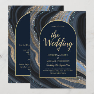 LeahG Navy Blue Gold Agate STERRENNACHT Wedding Kaart