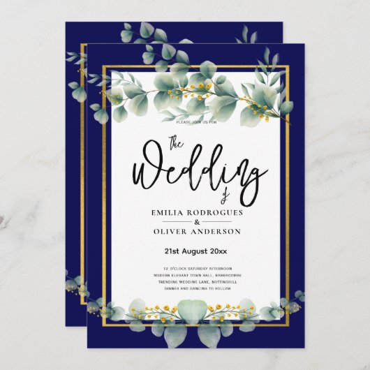 LeahG NAVY BLUE GOLD Greenery Eucalyptus Wedding Kaart (Voorkant / Achterkant)