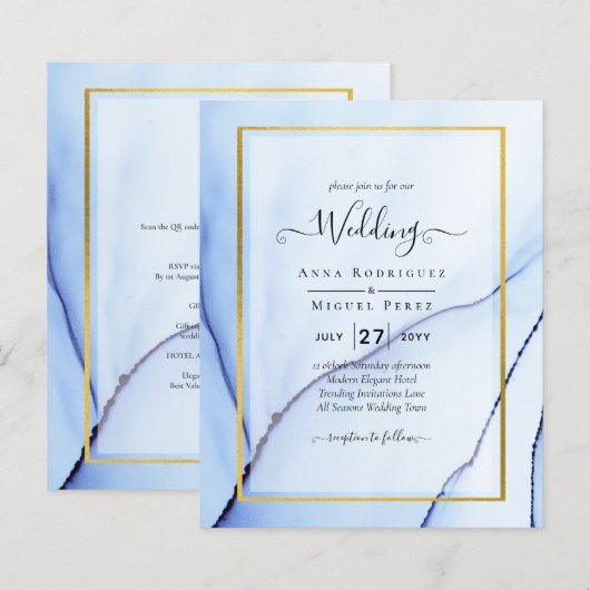 LeahG Navy Blue Gold INK Abstract Wedding INVITE (Voorkant / Achterkant)