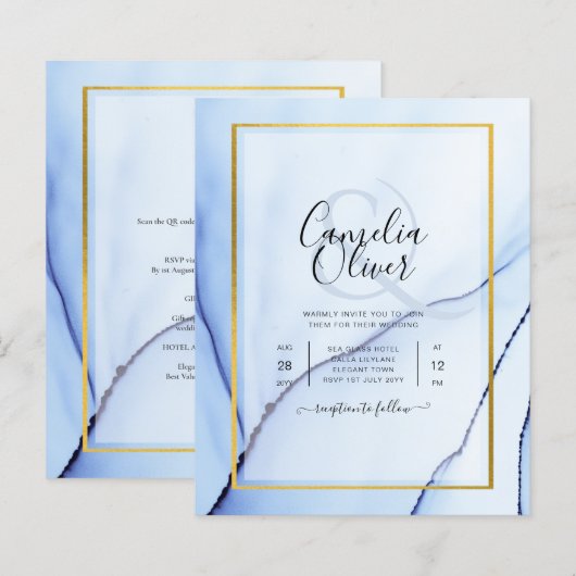 LeahG Navy Blue Gold INK Abstract Wedding INVITE (Voorkant / Achterkant)