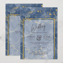 LeahG Navy Blue Gold INK Abstract Wedding INVITE