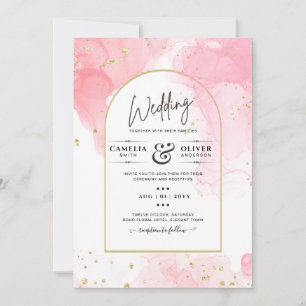 LeahG PINK GOLD INK Abstract Wedding INVITE Kaart