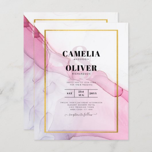 LeahG PINK Paarse Ink Abstract Wedding INVITE (Voorkant / Achterkant)