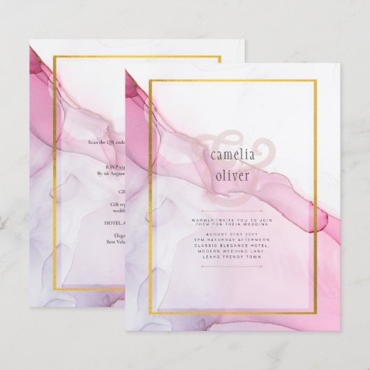 LeahG PINK Paarse Ink Abstract Wedding INVITE (Voorkant / Achterkant)
