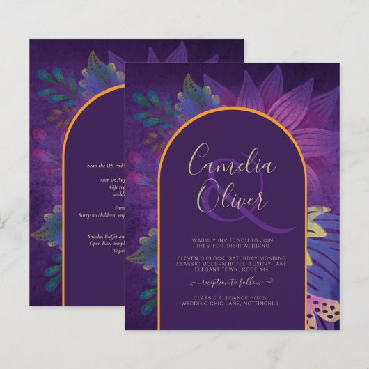 LeahG Plum Paars Gold JEWEL TONES Wedding INVITE (Voorkant / Achterkant)