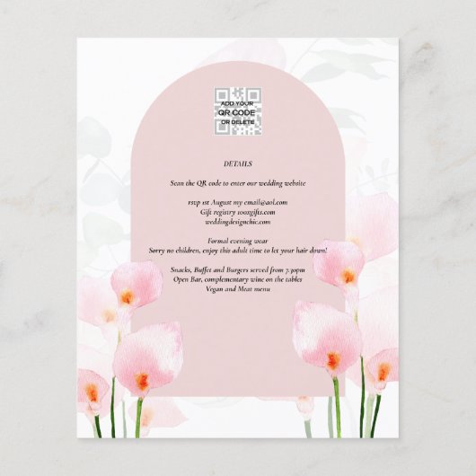 LeahG Roze Calla lelie Bloemen Bruiloft Uitnodigin (Achterkant)