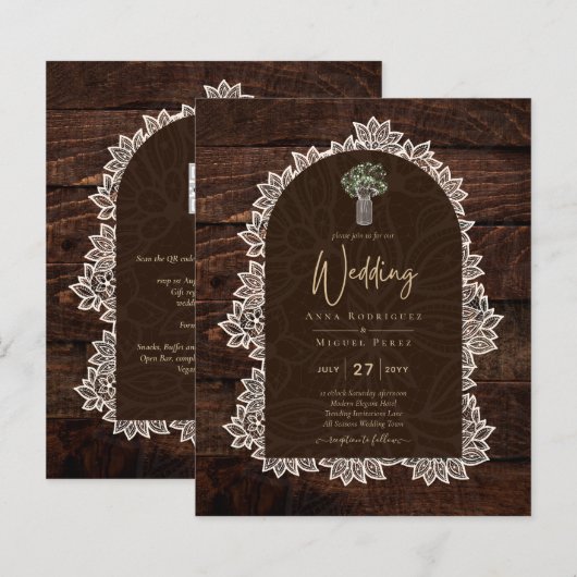 LeahG Rustic Lace Gypsophila Wood Wedding INVITE (Voorkant / Achterkant)