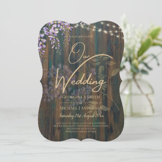 LeahG Rustic WISTERIA Lace Floral Wedding INVITE Kaart (Staand voorkant)