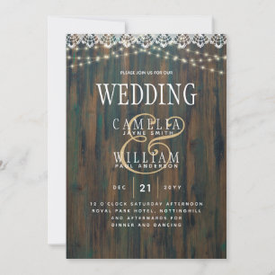 LeahG Rustic Wood Lace Lights Wedding Invite Kaart