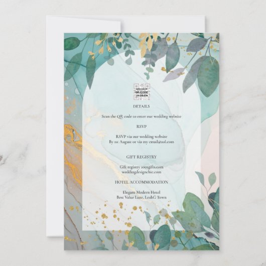 LeahG Seaglass Inkt Teal Goud Groenery Trouw Uitno Kaart (Achterkant)