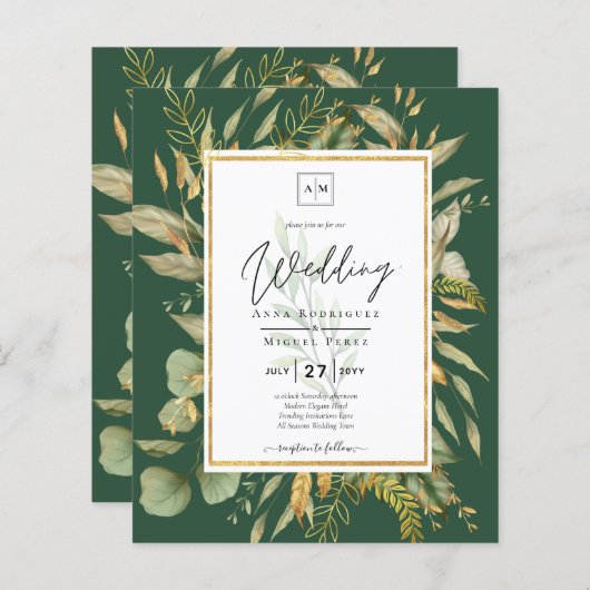 LeahG Smaragdgroene groene Wedding Invite (Voorkant / Achterkant)