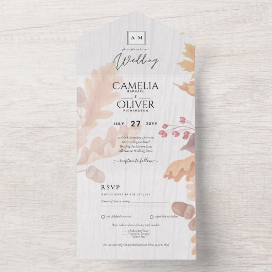 LeahG Terracotta Fall Leaves Wedding Invite All In One Uitnodiging (Binnen)