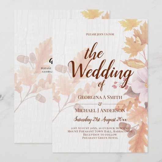 LeahG Terracotta Fall Leaves Wedding Invite Kaart (Voorkant / Achterkant)