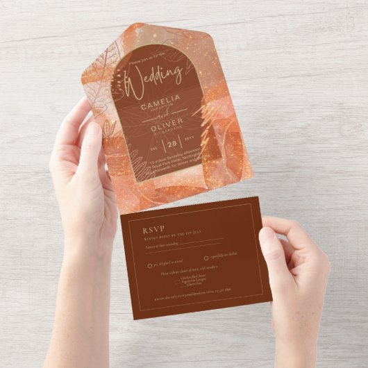LeahG Terracotta Gold Autumn FALL Wedding Invite All In One Uitnodiging (Afscheurbaar)