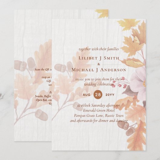 LeahG Terracotta Herfstbladeren Trouw Uitnodiging (Voorkant / Achterkant)