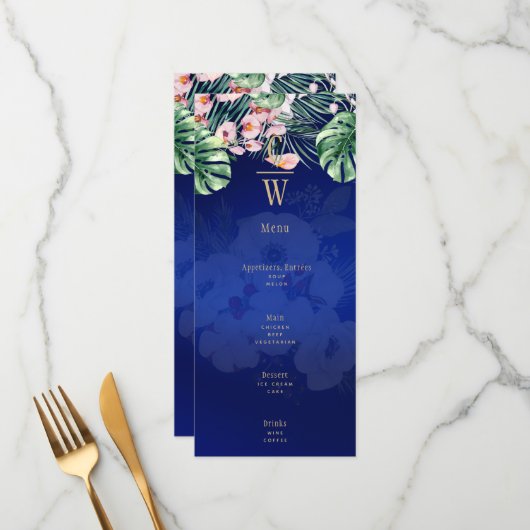 LeahG Tropical Blue Pink Floral Wedding Menu (Voorkant / Achterkant in situ)