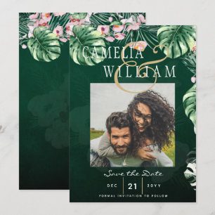 LeahG Tropical Green Pink Botanical Wedding Kaart