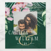 LeahG Tropical Green Pink Botanical Wedding Wijn Etiket (Enkel label)