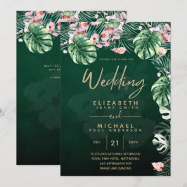 LeahG Tropical Green Pink Floral Leaf Wedding Kaart