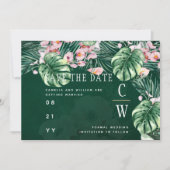 LeahG Tropical Green Pink Floral Leaf Wedding Save The Date (Voorkant)