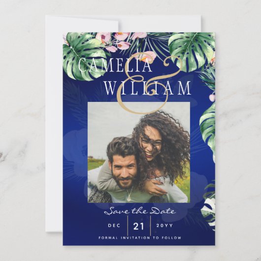 LeahG Tropisch Blauw Groen Roze Bloem Bruiloft Kaart (Voorkant)