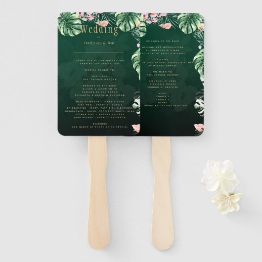 LeahG Tropisch Groen Roze Botanisch Trouwen Handwaaier (Voorkant en achterkant)