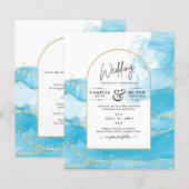 LeahG Turquoise Gold Aqua Blue Wedding INVITE (Voorkant / Achterkant)