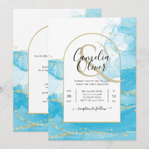 LeahG Turquoise Gold Aqua Blue Wedding INVITE Kaart