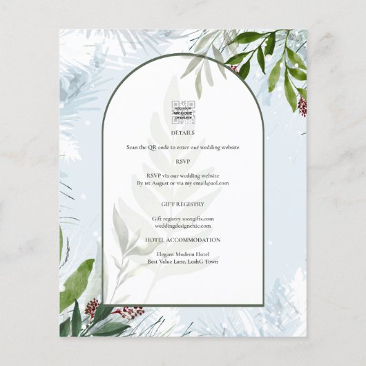 LeahG Winter Bruiloft Aqua Blauwe Groene UITNODIGI (Achterkant)