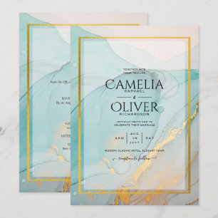 LeahG Zee Glass Blauwgroen Gold INK Wedding INVITE Kaart
