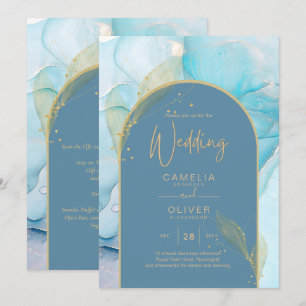 LeahG Zee Glass Gold Ink Aqua Blue Wedding INVITE Kaart