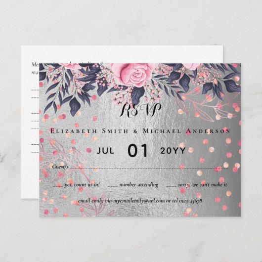 LeahG Zilver Navy Roze Goud Roze Bloem Bruiloft Briefkaart (Voorkant / Achterkant)