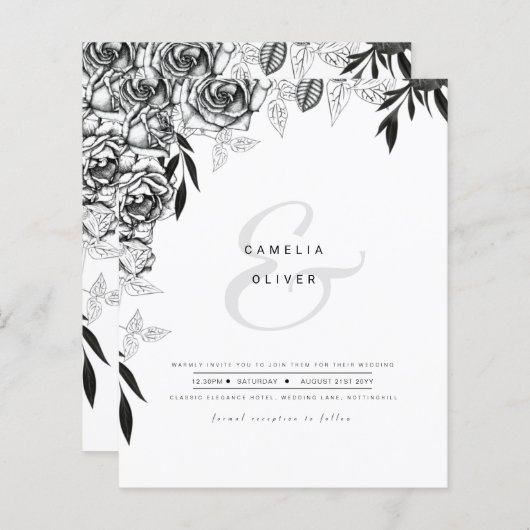 LeahG Zwarte Witte Rozen Huwelijksbudget UITNODIGI (Voorkant / Achterkant)