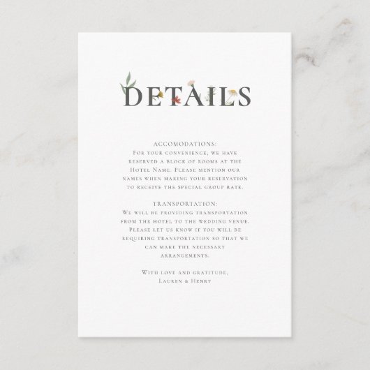 Leander Wildflower bruiloft Informatiekaartje (Voorkant)