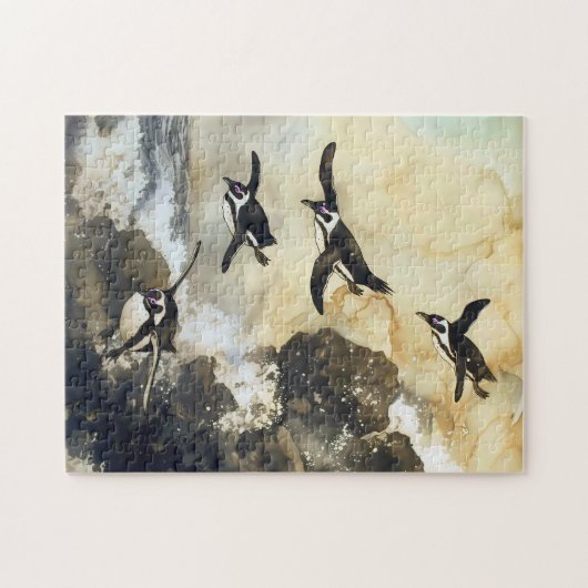 Leap into the Sea - African Penguins, Japanese Art Legpuzzel (Horizontaal)