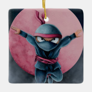 Leaping Ninja Red Moon Keramisch Ornament