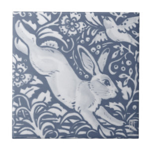 Leaping Rabbit Blue White Botanical Dedham Delft Tegeltje