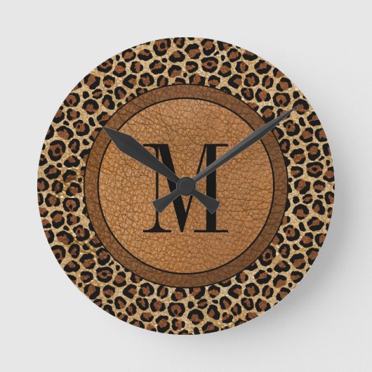 Leather Leopard  Modern Boho Big Monogram Ronde Klok (Voorkant)