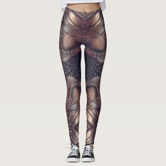 Leather Viking Chest Armor Abstract Design, bruin Leggings (Voorkant)