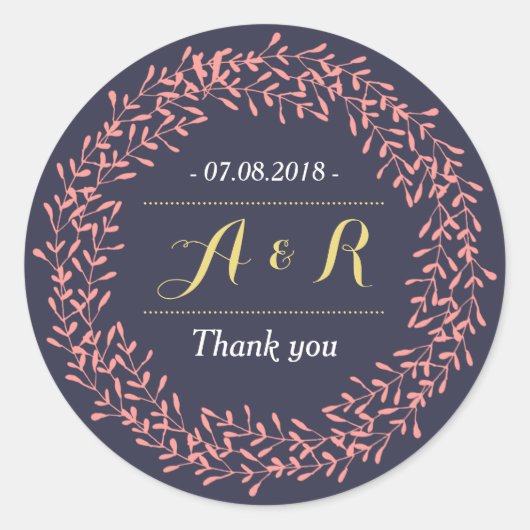 Leaves Wreator Monogram Wedding Bedankt Sticker (Voorkant)