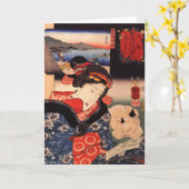 Lecture de femme avec la carte de voeux de chat (Fleur jaune)