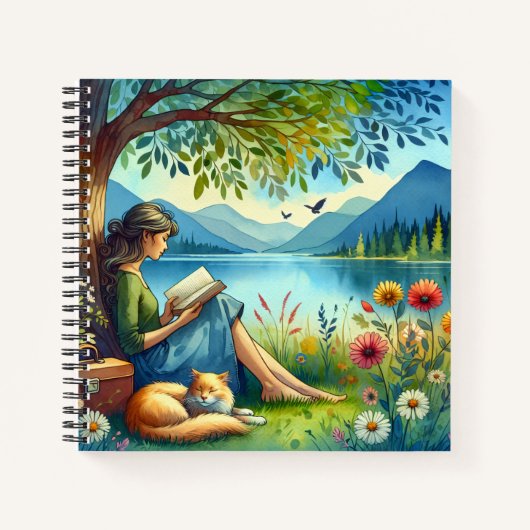 Lecture d'un livre sous un arbre avec un chat endo (Devant)