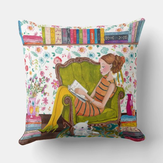 Lecture fille avec chat | Oreiller à jet de coton (Verso)