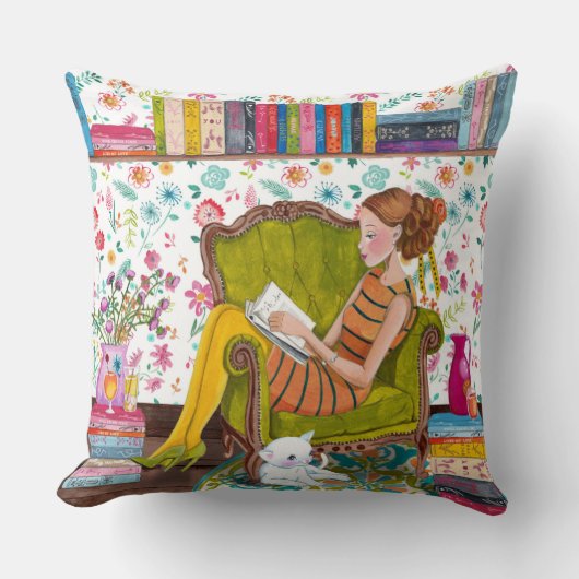 Lecture fille avec chat | Oreiller à jet de coton (Recto)