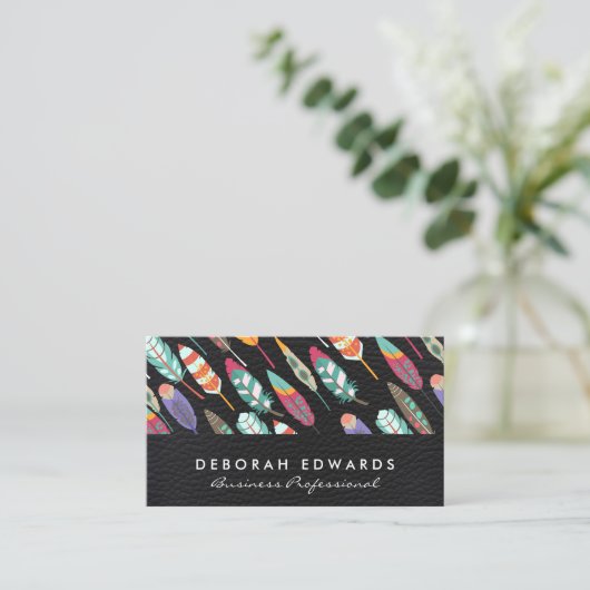 Leder | Boho Feather Pattern Visitekaartje (Staand voorkant)