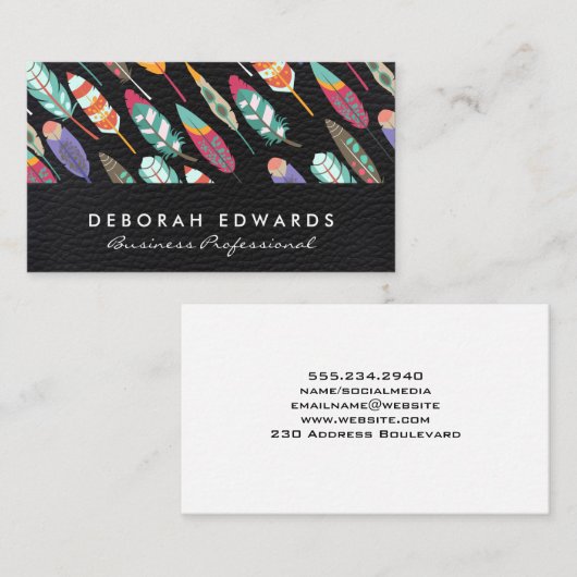 Leder | Boho Feather Pattern Visitekaartje (Voorkant / Achterkant)